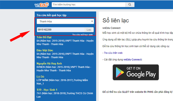 Hướng dẫn cách sử dụng vnedu tra cứu điểm thi 7