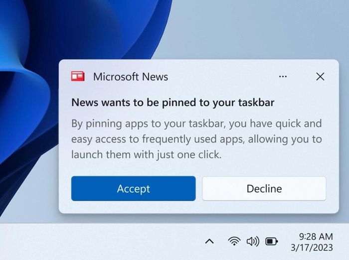 Thiết kế khái niệm chưa hoàn chỉnh từ Microsoft về nút xác nhận ghim một ứng dụng lên thanh taskbar của Windows.