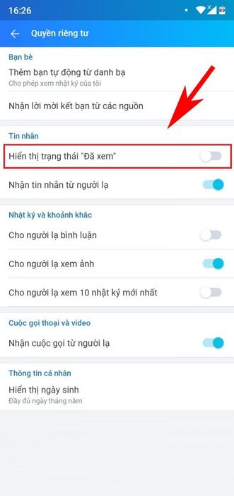 vô hiệu hóa chế độ đã xem trên Zalo