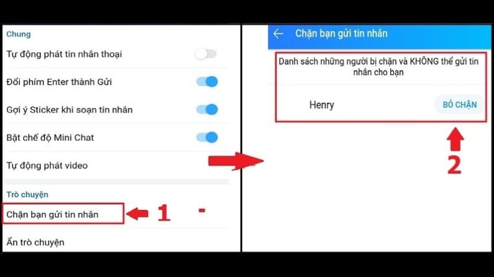 - Bước 3: Tại mục “Chặn bạn gửi tin nhắn,” bạn sẽ thấy danh sách các tài khoản Zalo đã chặn. Để bỏ chặn tin nhắn từ một tài khoản cụ thể, chỉ cần chọn tài khoản đó và chọn “Bỏ chặn.”