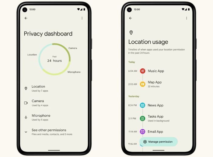 Các phiên bản Android 12 với bảng điều khiển quyền riêng tư