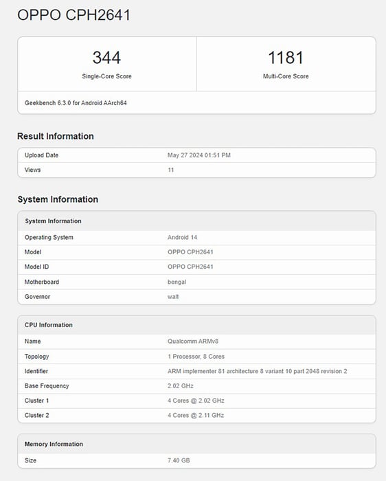 OPPO A3x ghi danh trên Geekbench