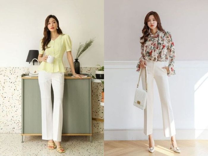Áo sơ mi với quần âu trắng là cách phối đồ truyền thống, đơn giản nhưng không kém phần thanh lịch. Bạn cũng có thể lựa chọn áo peplum thay thế.