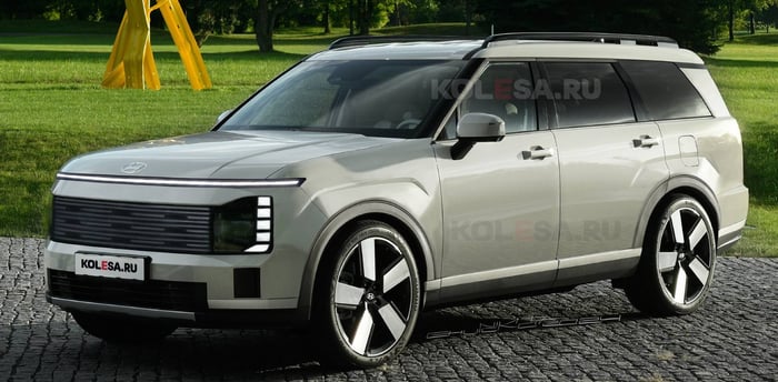 Ảnh mẫu Hyundai Palisade 2026 thế hệ mới với thiết kế pixelated xuất hiện trên mọi màn ảnh.