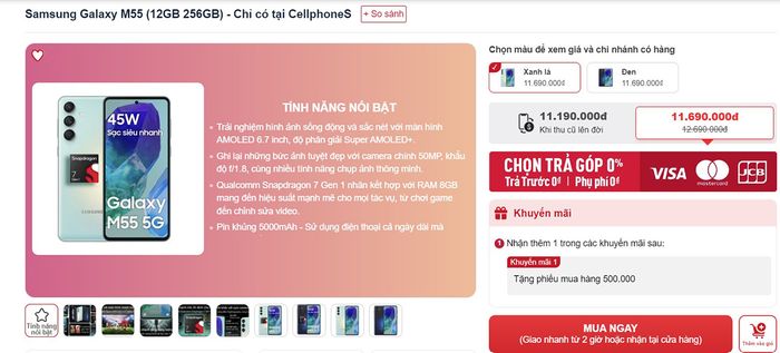 Samsung Galaxy M55 5G có mức giá trên 11 triệu đồng.