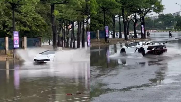 Sau trận mưa lớn, đại gia trẻ lái chiếc siêu xe Lamborghini Aventador mui trần độ SVJ ra đường để 'nghịch nước'