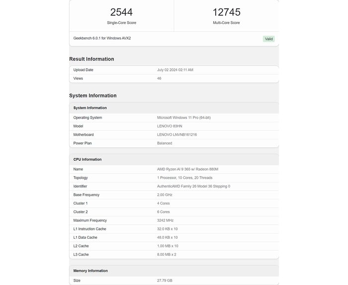 Điểm Geekbench của AMD Ryzen AI 9 365 'Strix Point' 