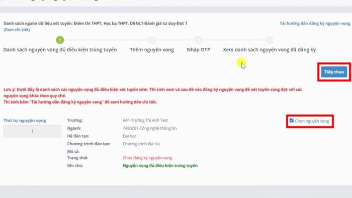 Đăng ký nguyện vọng vào đại học năm 2024 trực tuyến - Bước 3