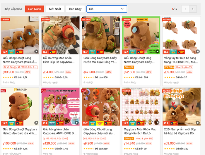 Các shop online kiếm bội tiền nhờ bán gấu bông Capybara - Ảnh: Chụp màn hình