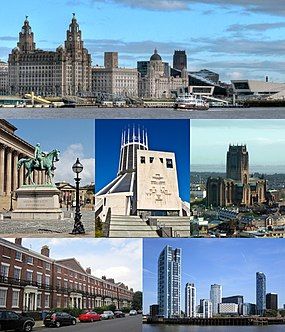 Trên cùng: Pier Head và phà Mersey. Ở giữa: Hội trường St George và Nhà thờ Chính tòa St George, dưới cùng: Khu phố Georgian và Cảng Prince.