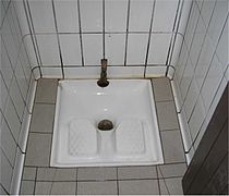 Toilet kiểu ngồi xổm tại một trạm dịch vụ trên cao tốc gần Toulouse, Pháp