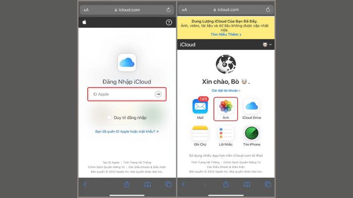 Hướng dẫn phục hồi ảnh từ iCloud về iPhone qua website, bước 1