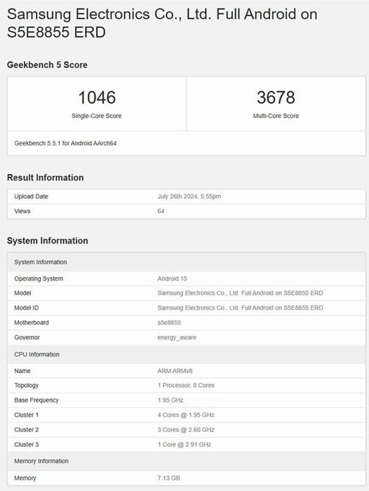 Bộ xử lý Exynos 1580 cho thấy hiệu năng ấn tượng trên Geekbench