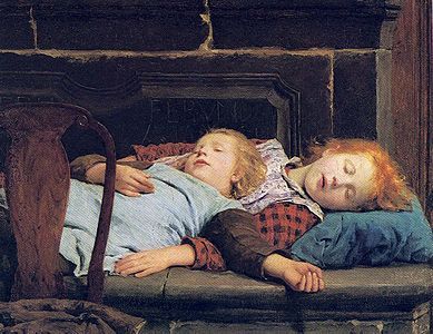 Bức tranh 'Hai cô gái ngủ trên ghế sưởi' (Zwei schlafende Mädchen auf der Ofenbank, 1895) của Albert Anker