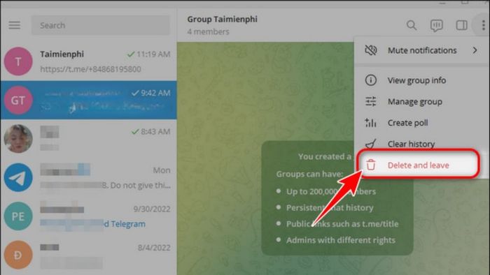 Hướng dẫn rời nhóm Telegram trên máy tính – Bước 2