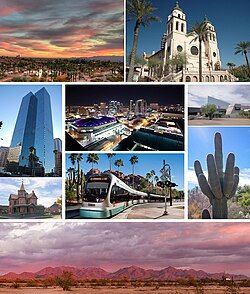 Hình ảnh, từ trái sang phải, từ trên xuống dưới: Thành phố Phoenix, Đền thánh Mary, Khách sạn Arizona Biltmore, Lâu đài Tovrea, cây xương rồng saguaro, núi Camelback