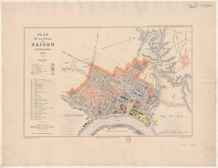 Vị trí của Cầu Ông Lãnh cùng với lò mổ và con rạch trên bản đồ Sài Gòn năm 1878