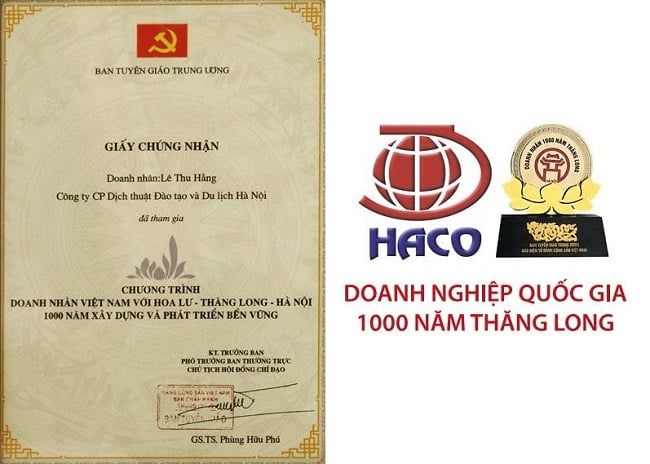 Giấy chứng nhận của công ty Haco