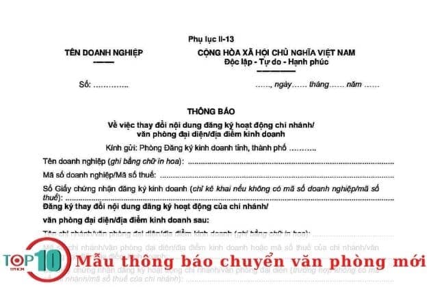 Mẫu thông báo chuyển văn phòng mới| Nguồn: Internet