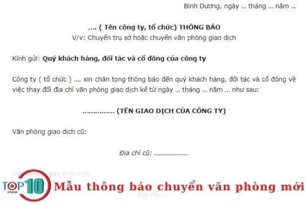 Mẫu thông báo về việc chuyển đến văn phòng mới| Nguồn: Internet