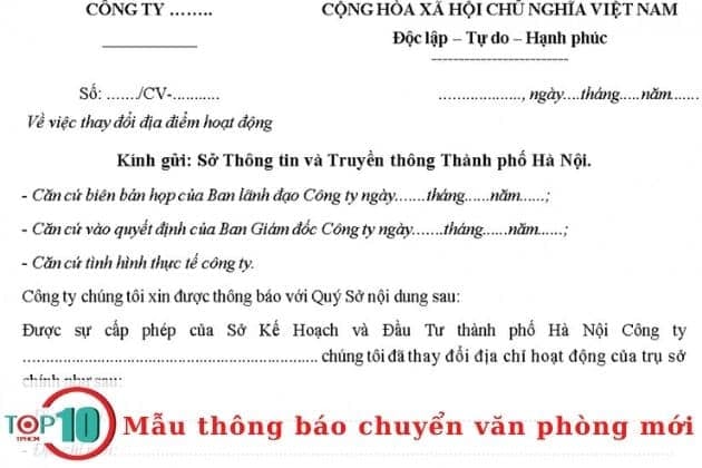 Mẫu thông báo chuyển đến địa điểm làm việc mới| Nguồn: Internet