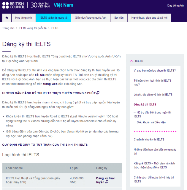 Cách đăng ký thi IELTS tại British Council ở Hà Nội