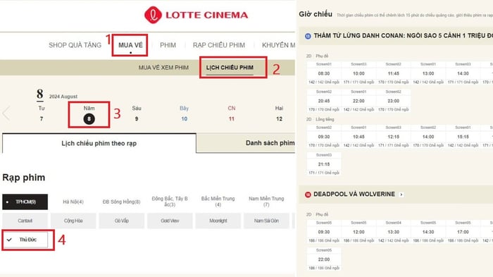 kiểm tra lịch chiếu phim tại Lotte Cinema