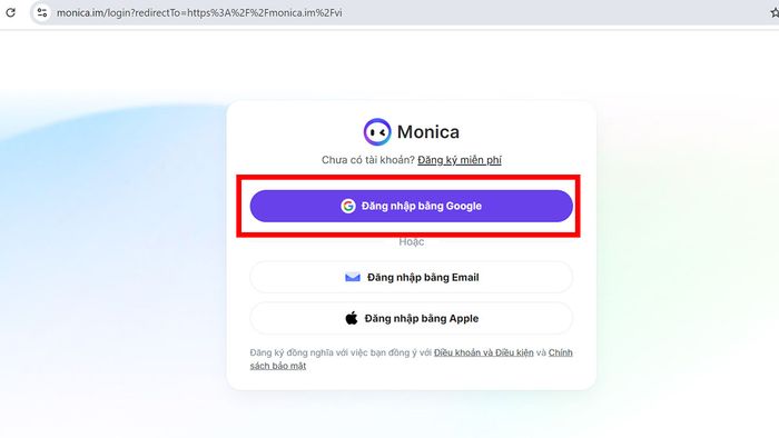 Hướng dẫn đăng nhập Monica AI bước 3