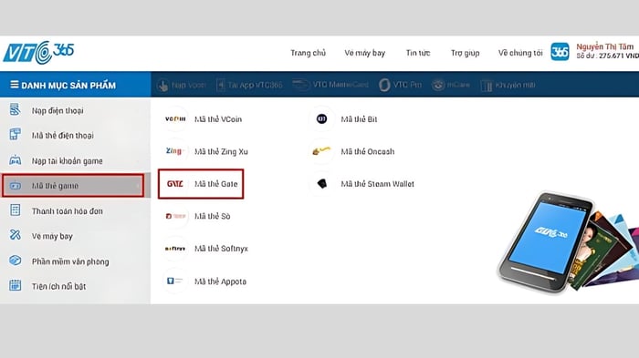 Hướng dẫn nạp thẻ Gate qua VTC Pay bước 2
