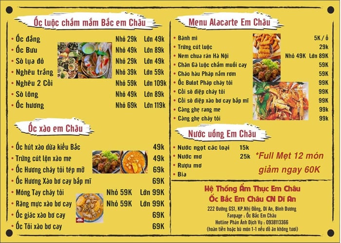 Menu các món tại Ốc Bắc Em Châu hình 3