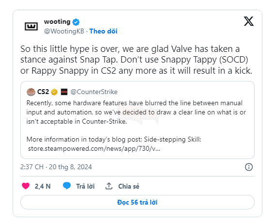 Valve Lại Cấm Tính Năng Bàn Phím Snap Tap Trong CS2