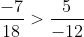 \frac{-7}{18} lớn hơn \frac{5}{-12}