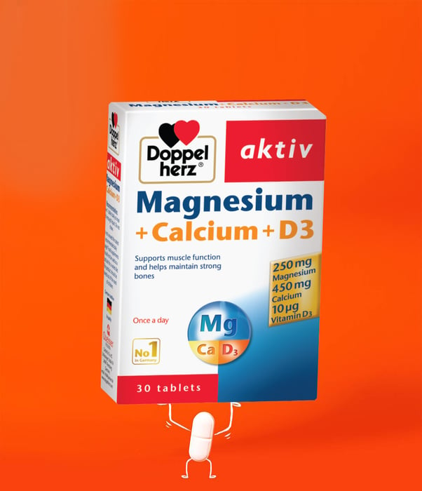 Viên uống bổ sung Magie, Canxi và Vitamin D3 Doppelherz Aktiv Magnesium + Calcium + D3 - Hình ảnh 1