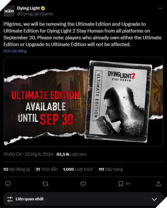 Dying Light 2: Ultimate Edition Sẽ Ngừng Bán Sau Khi Công Bố Phiên Bản Mới