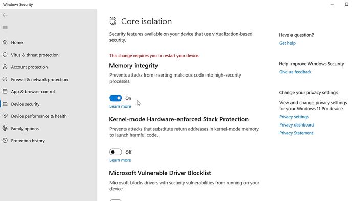 Vô hiệu hóa tính năng cách ly lõi (Core isolation) trên Windows 11