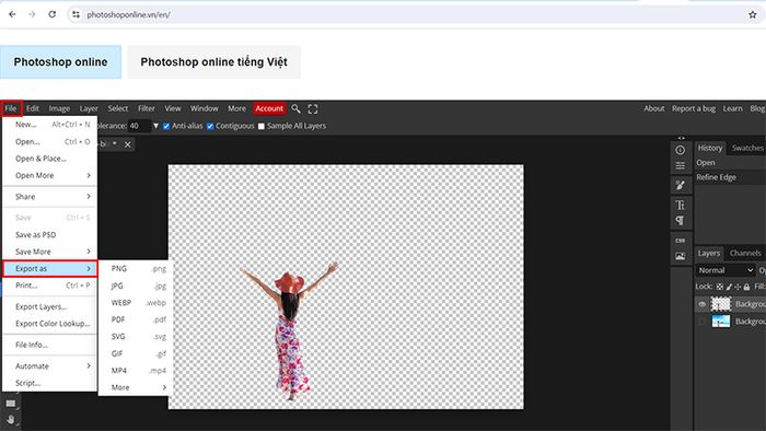 Bước 5: Nhấn “File” và chọn “Export as” để lưu hình ảnh đã tách nền về máy tính.
