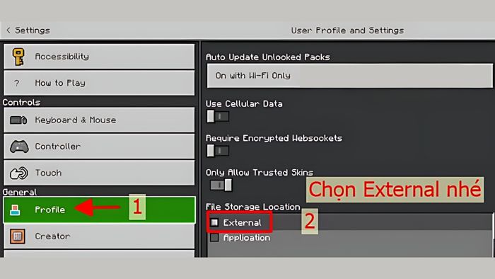 Chọn tùy chọn Ngoài (External) trong Minecraft 1.18.32