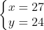 \left\{\begin{matrix} x = 27 & \\ y = 24 & \end{matrix}\right.