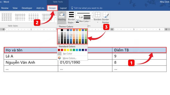 Hướng dẫn tô màu thủ công cho bảng trong Word