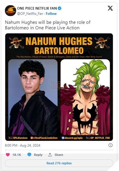 Bartolomeo có thể sẽ xuất hiện sớm trong phiên bản live-action của One Piece!?