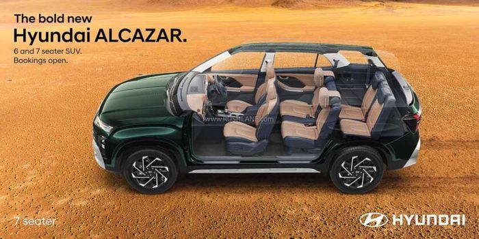 Hình ảnh nội thất của Hyundai Alcazar phiên bản 7 chỗ, cho thấy cấu hình ghế 2-3 ở hàng ghế thứ hai, độ phân giải 840x420.