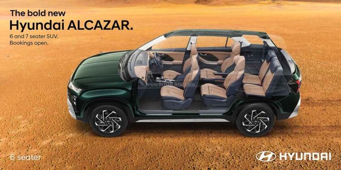 Hình ảnh nội thất của Hyundai Alcazar phiên bản 6 chỗ, với cấu hình ghế ngồi 2-2 cho hàng ghế thứ hai, hiển thị chi tiết với độ phân giải 840x420.