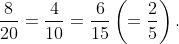 \frac{8}{20} = \frac{4}{10} = \frac{6}{15} \left ( = \frac{2}{5}\right ).