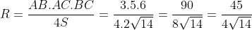 R= \frac{AB\cdot AC\cdot BC}{4S}= \frac{3\cdot5\cdot6}{4\cdot2\sqrt{14}}= \frac{90}{8\sqrt{14}}= \frac{45}{4\sqrt{14}}