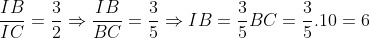 \frac{IB}{IC} = \frac{3}{2} \Rightarrow \frac{IB}{BC} = \frac{3}{5} \Rightarrow IB = \frac{3}{5} BC = \frac{3}{5} \times 10 = 6