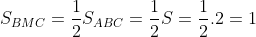 Diện tích của tam giác BMC là: \frac{1}{2} diện tích tam giác ABC = \frac{1}{2} \times 2 = 1