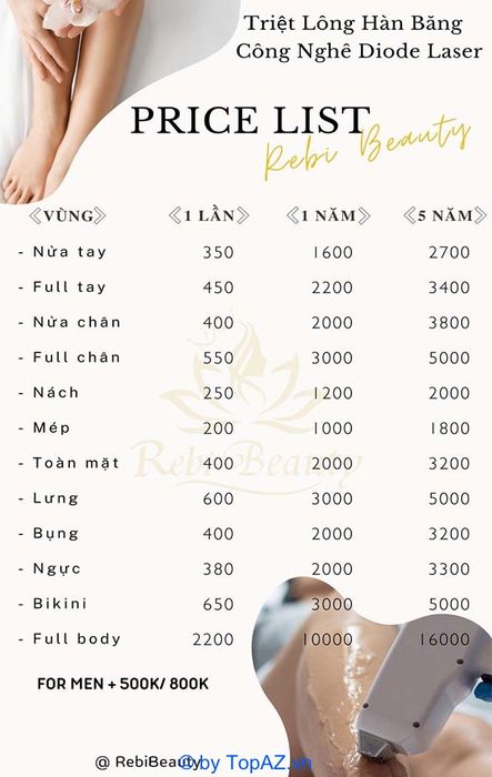 Bảng giá dịch vụ triệt lông tại Rebi Beauty Spa Gò Vấp