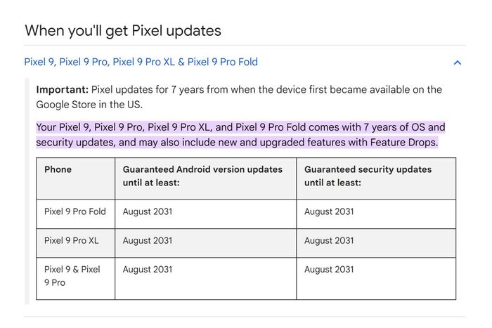 Pixel 9 được hỗ trợ cập nhật phần mềm trong 7 năm