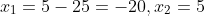 {x_1} = \dfrac{10 - 25}{2} = -20, {x_2} = \dfrac{10 + 25}{2} = 30