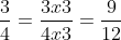3 chia 4 = (3 x 3) chia (4 x 3) = 9 chia 12